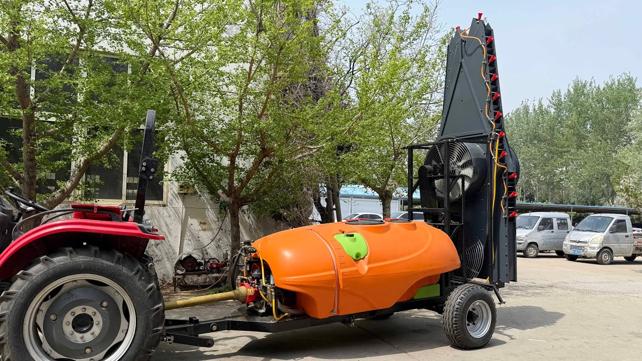 customized tractor trailer type garden sprayer with tower for pecan tree