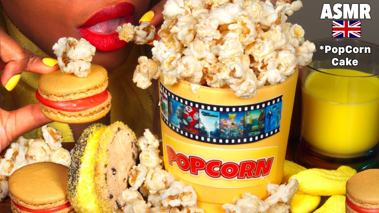 ASMR Eating EDIBLE Bucket Popcorn Cake, Macaron, Ice Cream, Marshmallow, Gentle Whispering mukbang먹방