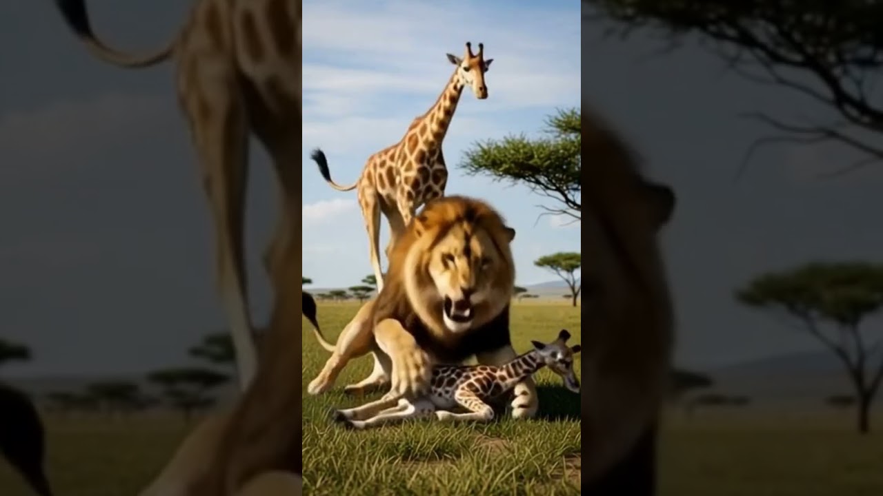 Brave Mother Giraffe Leaps to Save Her Baby from a Ruthless Lion Attack 🦁🦒