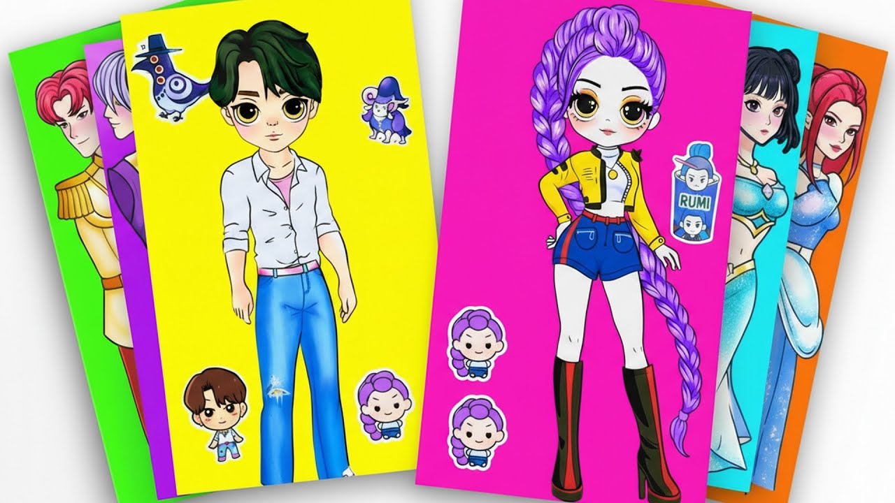 HUNTRIX RUMI AND JINU DRESS UP AS CUTE KIDS - KPOP DEMON HUNTER | DIY FASHION STICKERS