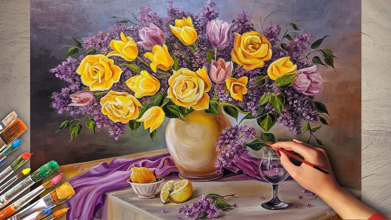 How To Paint Bouquet of Flowers oil painting time-lapse| Как нарисовать ...
