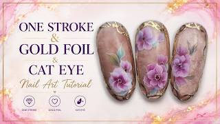 One stroke flowers with cat eye. Summer floral nails.