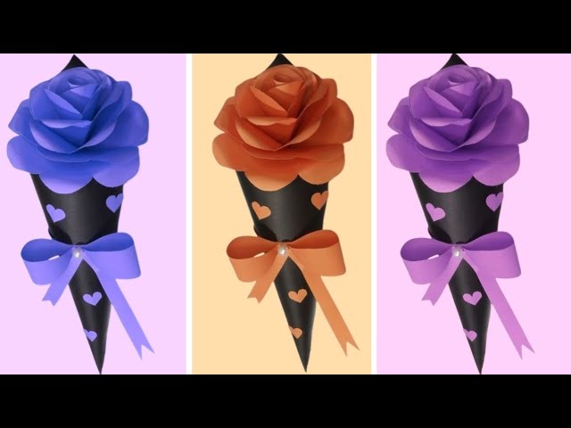 DIY Paper Flower BOUQUET/ Birthday gift ideas/Single Flower Bouquet making  at Homemade Easy Craft 