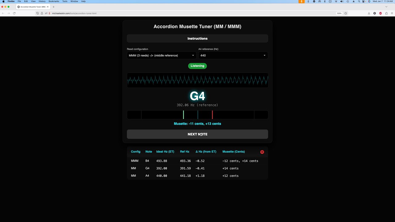 Demonstration of my free Accordion Musette Tuner (MM/MMM)