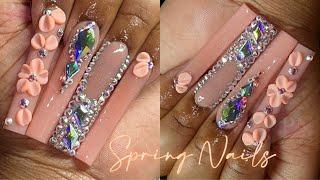 PEACH SPRING NAILS 🍑🌼 | 3D FLOWERS ✨ | BLING FRENCH 💎 |