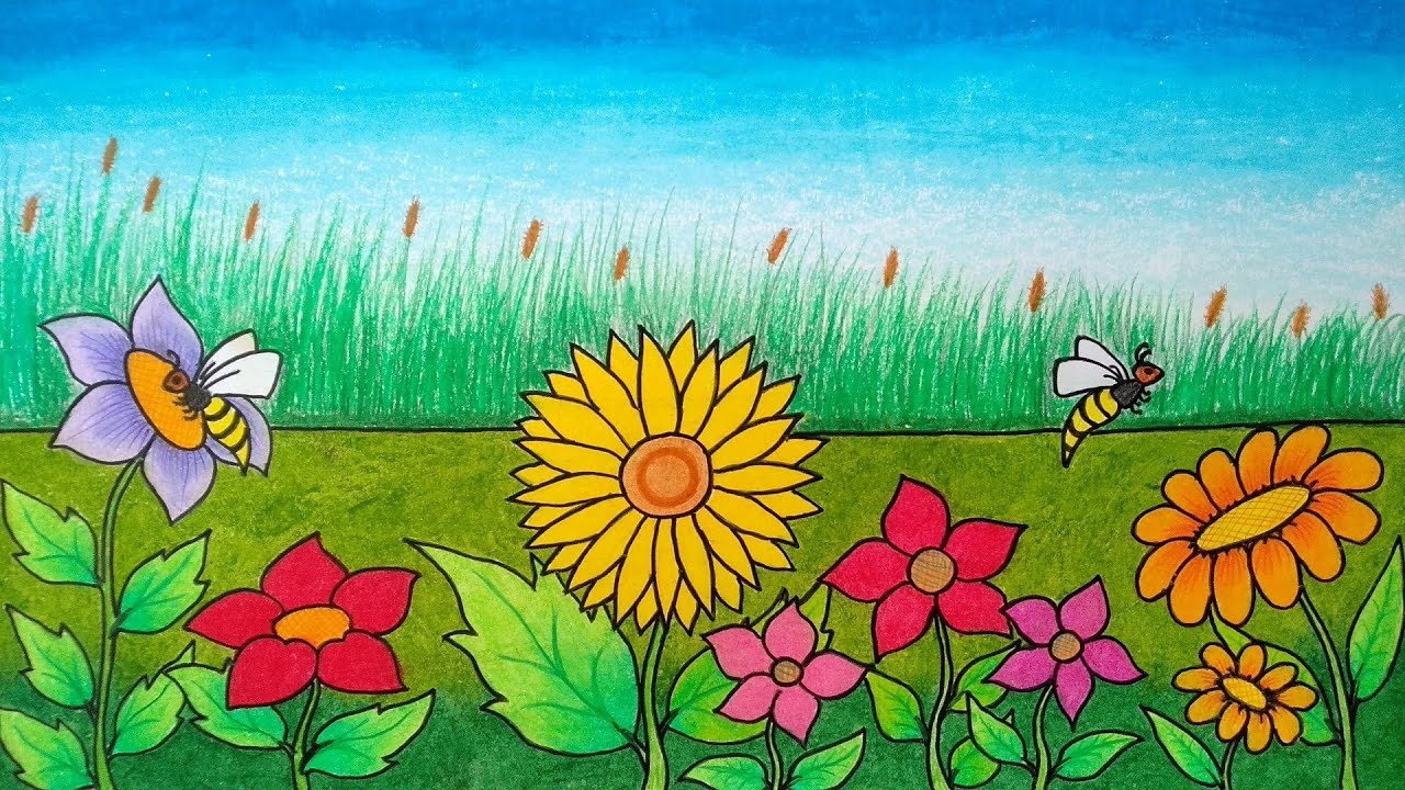 Cara Menggambar Taman Bunga Matahari Menggambar Dan Mewarnai Bunga Matahari Youtube