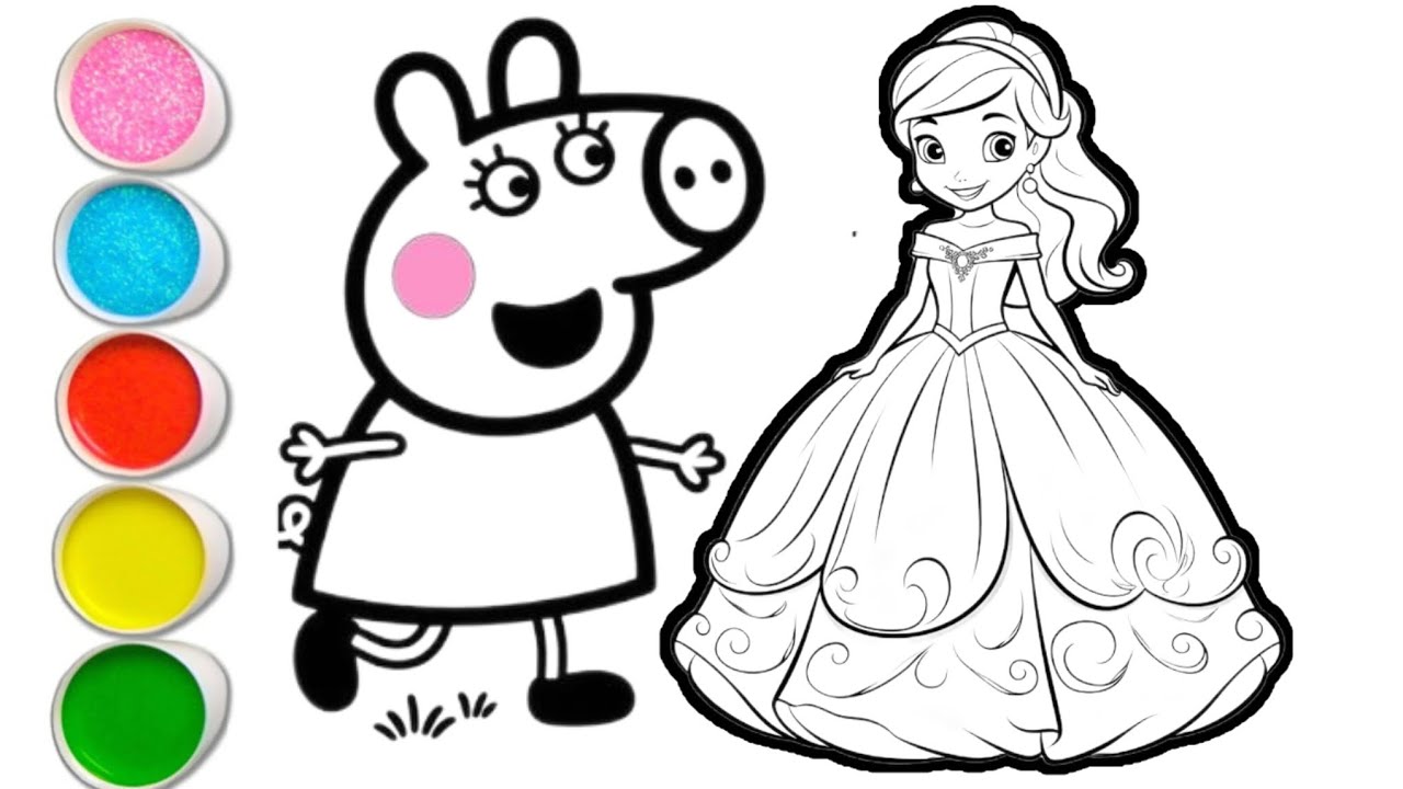 Drawing Princess Papi Peppa pig with princess drawing and colouring for kids and toddlers ...