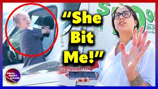 Woman Nearly Runs Over Victim With U-Haul Truck, Bites Her & Steals Phone!