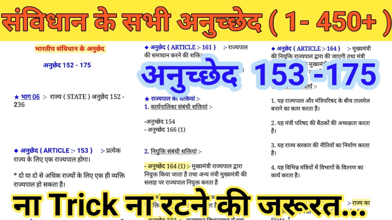 भारतीय संविधान अनुच्छेद 1 से 395 तक || Article 153 to 175 in hindi || part -5 || bhartiya sanvidhan