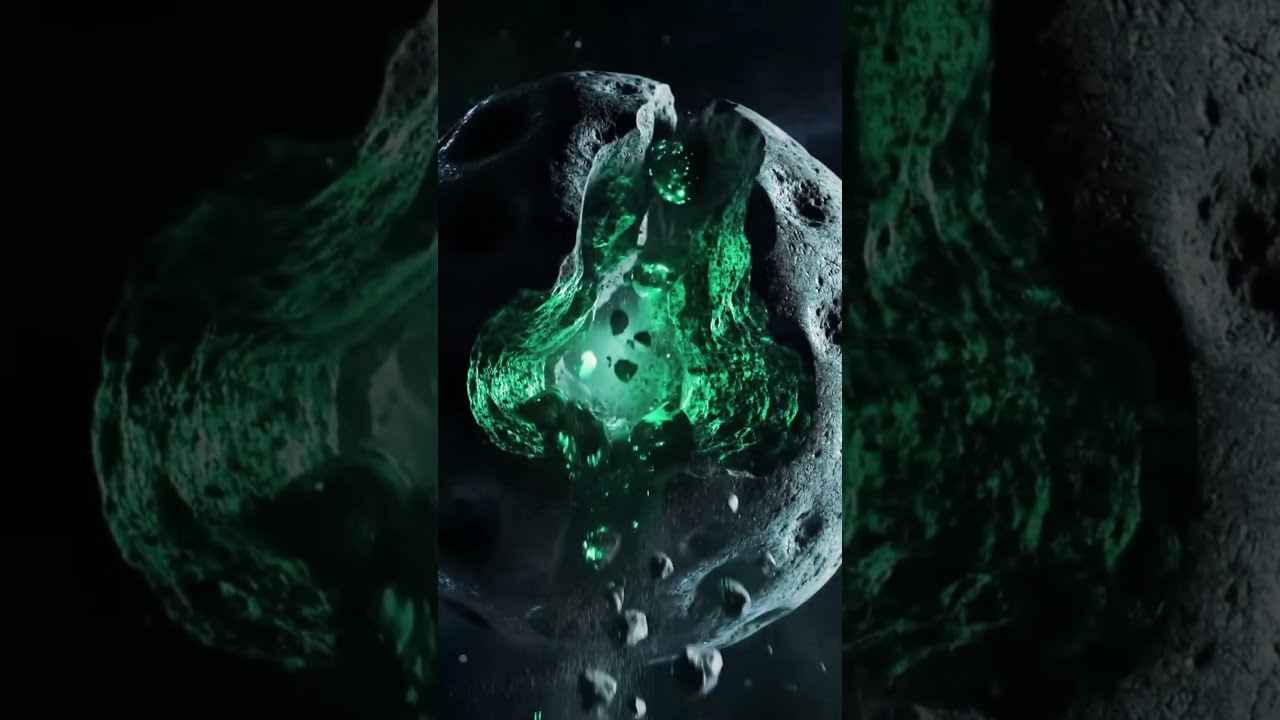Carbon Rich Asteroid Slice Jet Black Dust Glowing Green Elements In Zero G GlassifyCuts