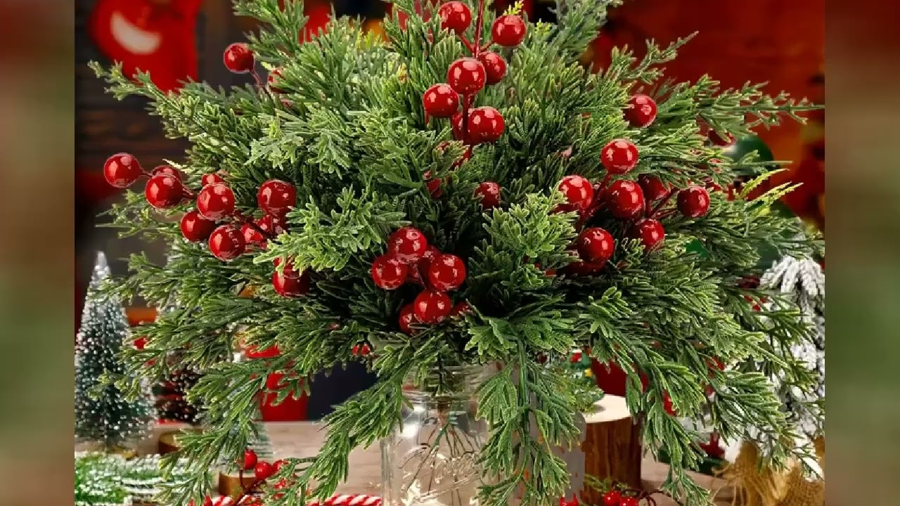 30pcs Christmas Artificial Pine Branches with Red Berries, for DIY Crafts, Wreaths, Home Decor, and