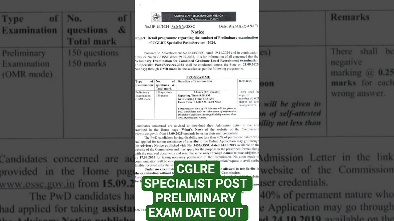 OSSC PRILIMS EXAM DATE OUT II EXAM DATE OUT II 