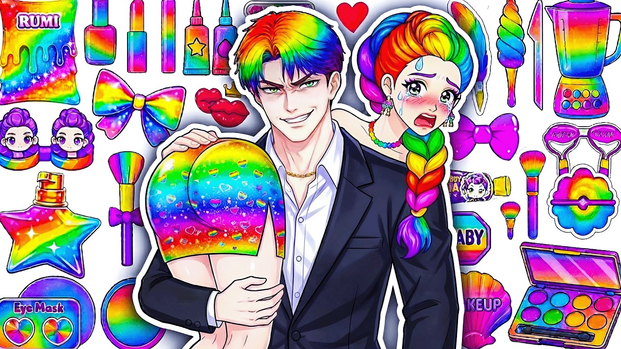 💖Paper DIY💖 KPOP DEMON HUNTERS Rumi x Jinu Rainbow Hair Drama + Makeup Blind Bag Unboxing