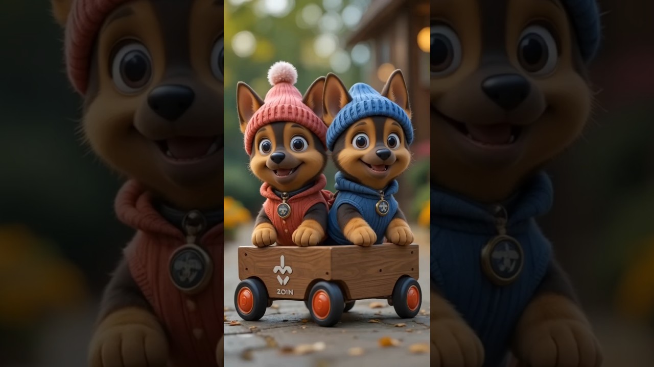 Two cute german shepherd baby dogs are driving a toy wagon.
