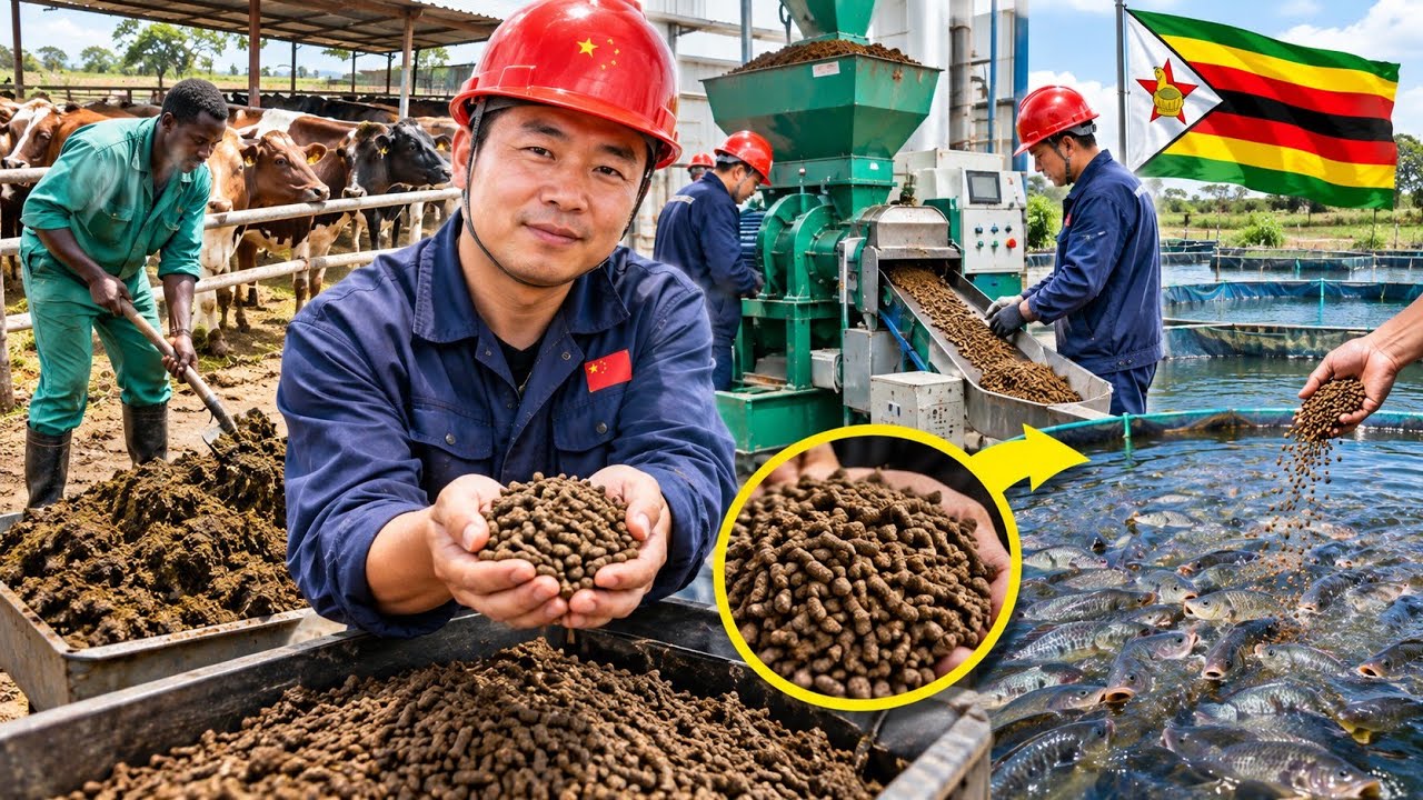 Still from How Chinese Are Making Millions Turning Fresh Cow Dung Into Fish Feed Pellets In Zimbabwe