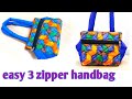 10 मिनट में बनाये Easy 3 zipper handbag/handbag cutting and stitching/hand purse/shopping bag
