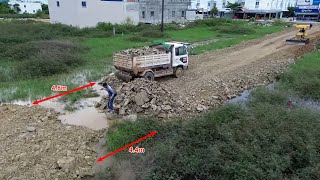 Part 2| Excellent Action Dozer Pushing Soil stone into water build a Road with many dumps truck 5T