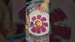Flower split cup pour on 8x8" canvas with magenta, yellow, light blue, and white #whimsicalart #art