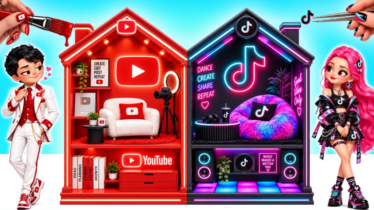 We Build Amazing Social Media Doll House YouTube Vs TikTok | DIY Doll House Challenge