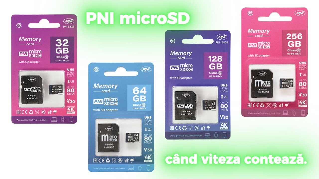 Card de memorie MicroSD PNI 128GB cu adaptor SD, Clasa 10, 80 Mb/s