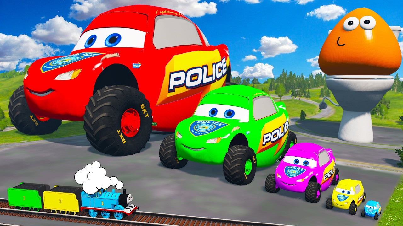 Big & Small Fat McQueen Police VS Monster Truck Wheels - Slide Color vs Deep Lava - BeamNG.drive