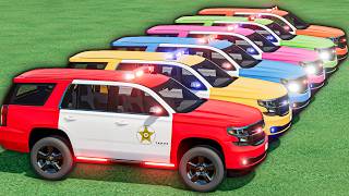 small vs BIG ! ALL COLORFUL POLICE CARS ! GIANT Mercedes Trucks Transport & Mega Ramp screenshot 3