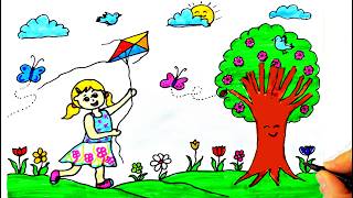 İlkbahar Resmi Çizimi 🌸🦋 | Kolay Çiçek ve Kelebek Çizimi 🌳 İlkbahar Resmi - Kolay Çizimler