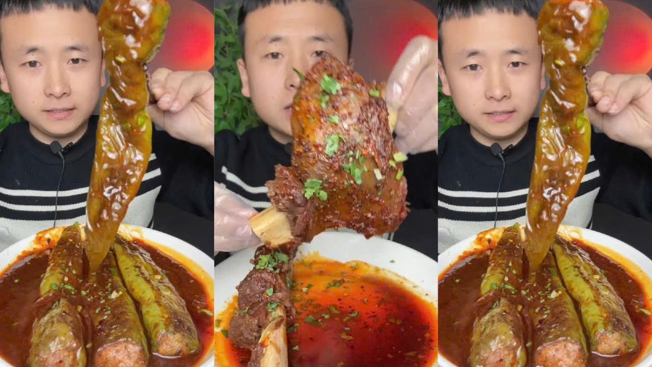 Eat Braised Lamb Leg and Pork Stuffed with Green Bell Peppers., Challenge Eat Meat