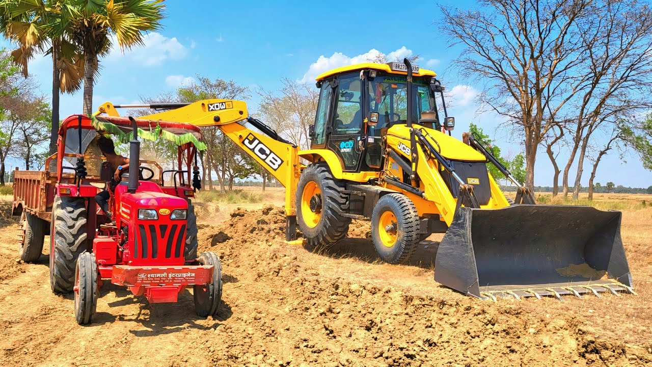 JCB 3dx Backhoe Loader Machine Loading Mud In Mahindra 475 Di Tractor and Stuck in Mud | Jcb Video