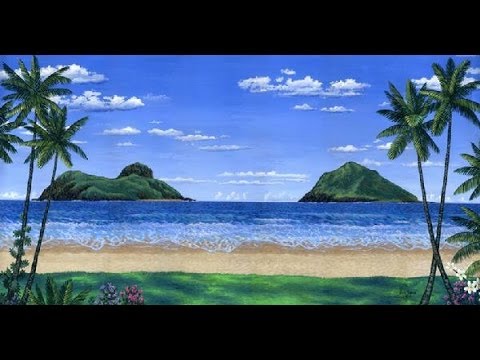 cara melukis pantai tropis dan pulau-pulau menggunakan akrilik di atas kanvas - YouTube