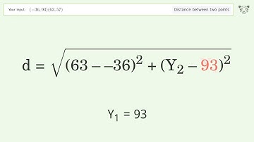 Find the distance between two points p1 (-36,93) and p2 (63,57): Step-by-Step Video Solution