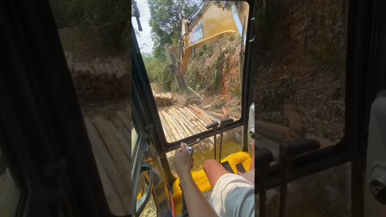 Immersive first-person perspective experience of excavator wood clamping work