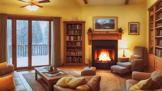 Relaxing in a quiet room with the cozy sound of falling snow and a fireplace