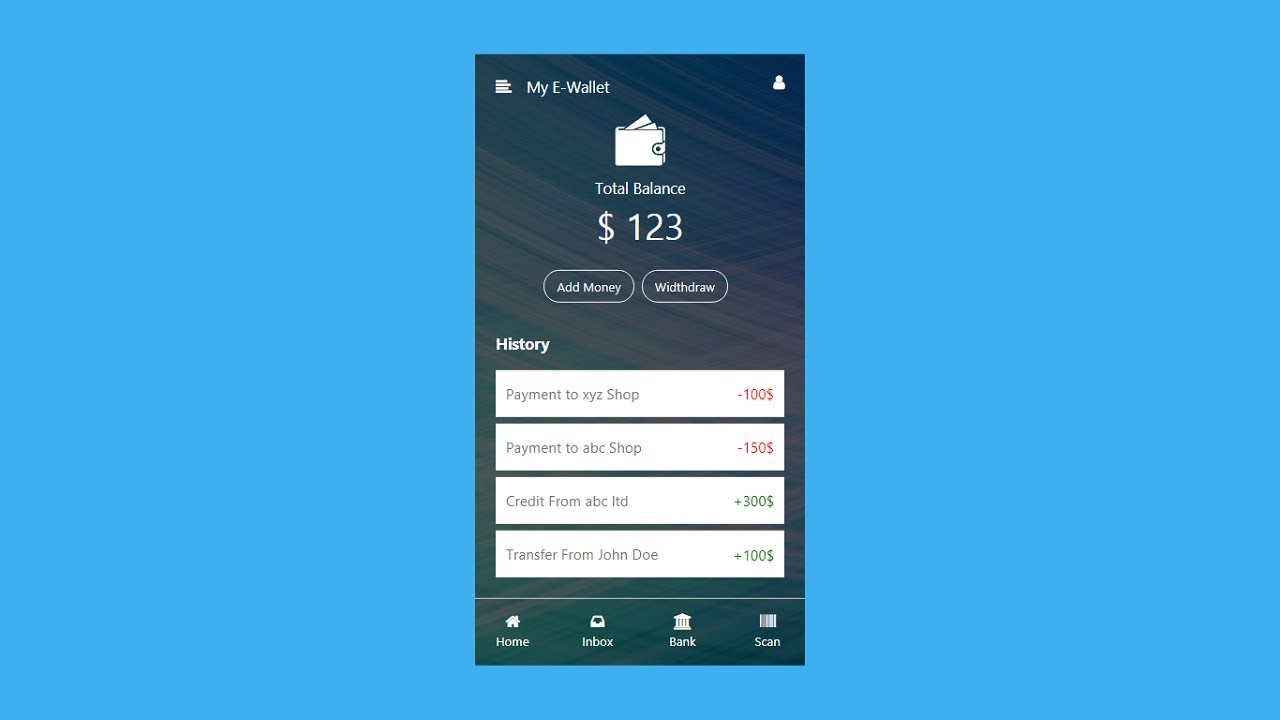 How To Make Mobile Wallet UI Using HTML CSS | E-Wallet App UI Design