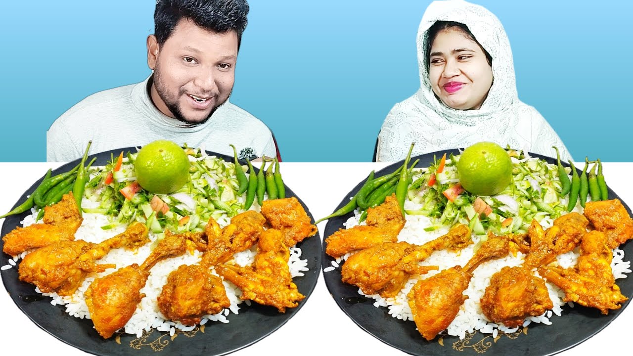 Spicy Chicken Curry And Salad With Rice Eating Challenge, Chicken Curry And Rice Eating Competition,