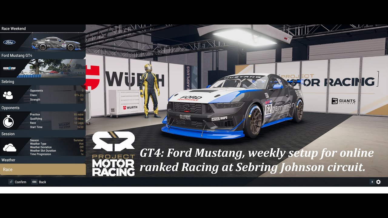 Project motor racing: Mustang gt4 weekly setup for Sebring Johnson circuit. testing and free setup