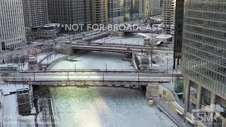 1-31-2019 Chicago, Il Drone video over frozen Chicago River, sunrise Timelapse  on Lake Michigan 4k