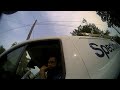 If you're driving a company vehicle, you probably shouldn't be harassing a police officer...