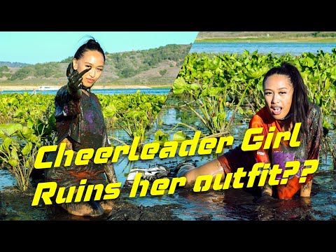 Wearing Air Jordan 1 Sneakers Hot Asian Cheerleader Girl Having Fun in Muddy Swamp  | Girl in Mud