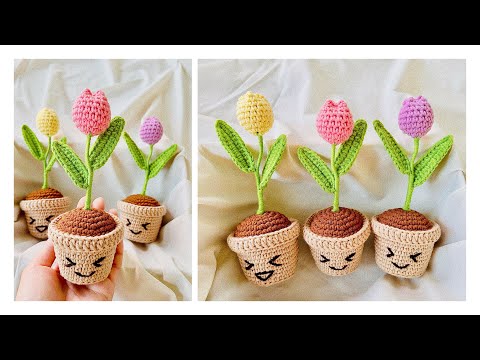 Easy Crochet Mini Tulip Pot Tutorial | Crochet Tulip | Chenda DIY