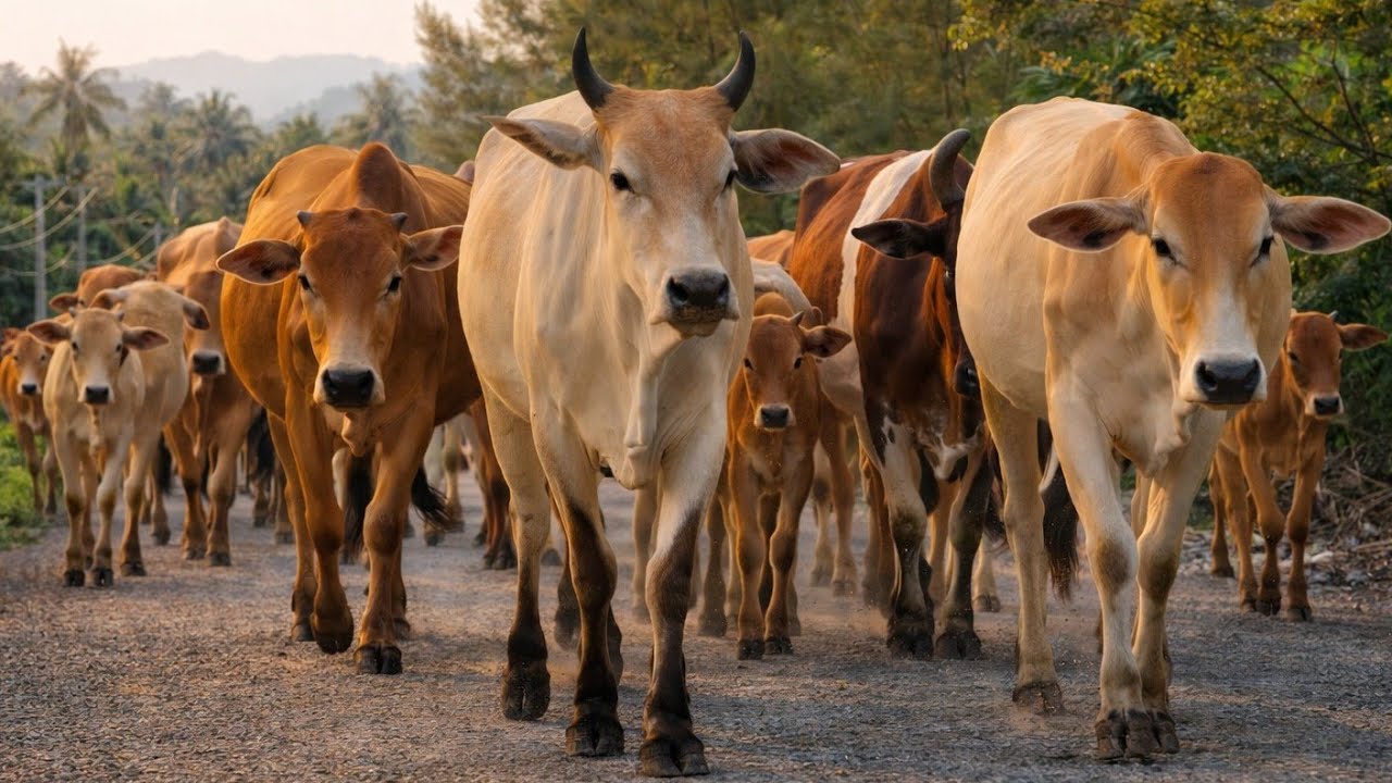 Golden Afternoon Herding: Dozens of Calm Cattle Playing Freely