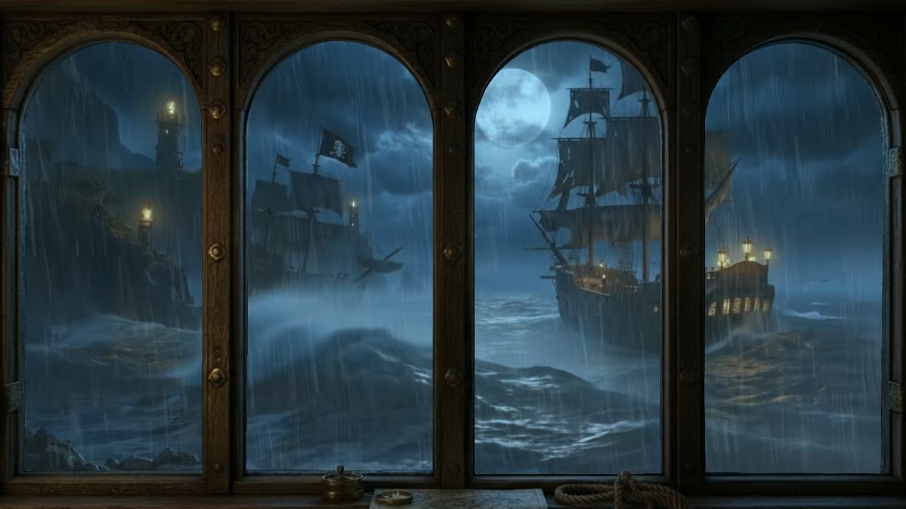 🏴‍☠️ Pirate Ship in the Rain On Window Views 🌙 | Relaxing Storm ...