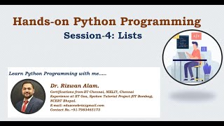 Hands-on Python Programming- Session 4 || By Dr. Rizwan Alam || Lists in Python Programming