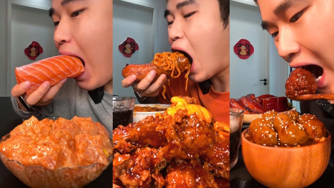 Giant Sausage, Saucy Fried Chicken, Salmon Sashimi & Braised Pork Belly Mukbang ASMR