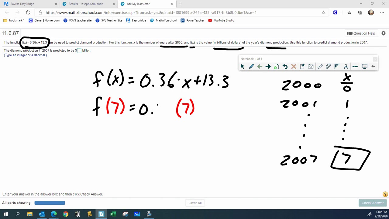 Using a function to answer a question (11.6.87) Algebra 1A