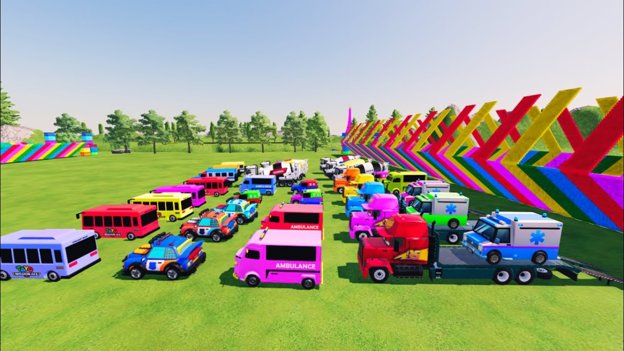 TRANSPORTING CARS, POLICE CARS, FIRE TRUCK OF COLORS! WITH TRUCKS! - FS 22