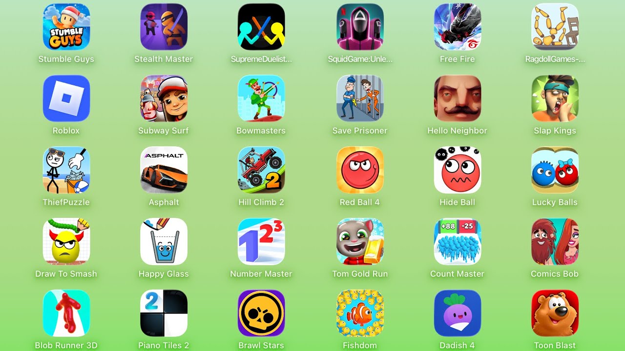 23. Free Fire, Brawl Stars, Dadish4, Hill Climb 2