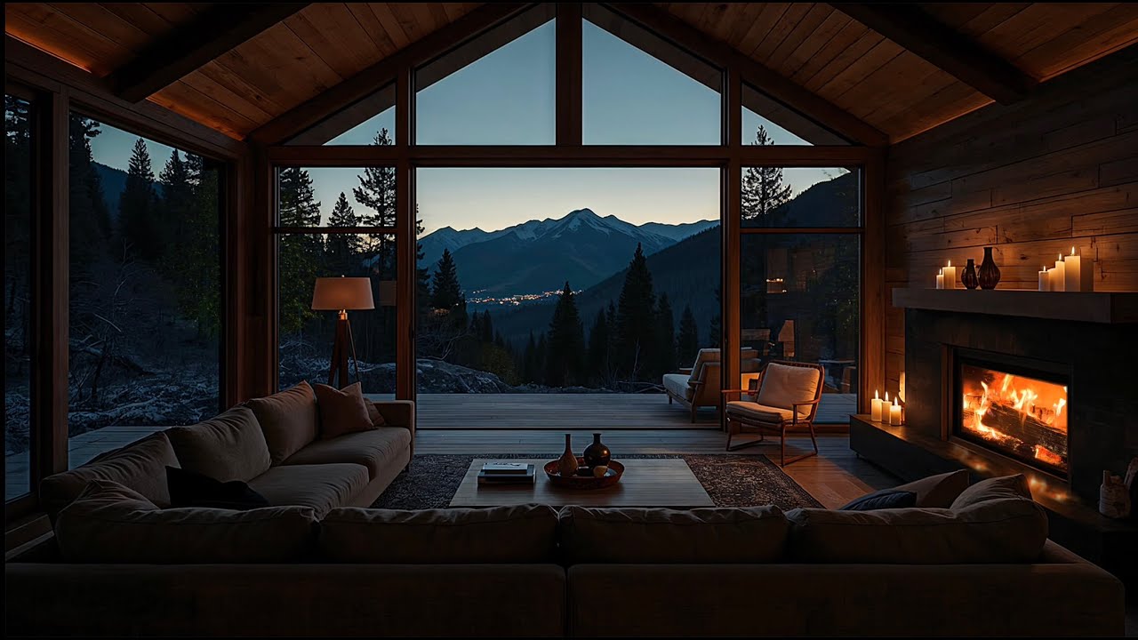 Cozy Mountain cabin at Dusk 🔥 Fireplace Ambience with Mountain View | Relax, Study, Sleep