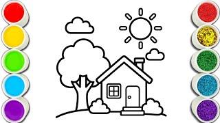 House Drawing and Coloring for Kids | Easy Home, Tree & Sun Painting Tutorial 🌞🏠🌳