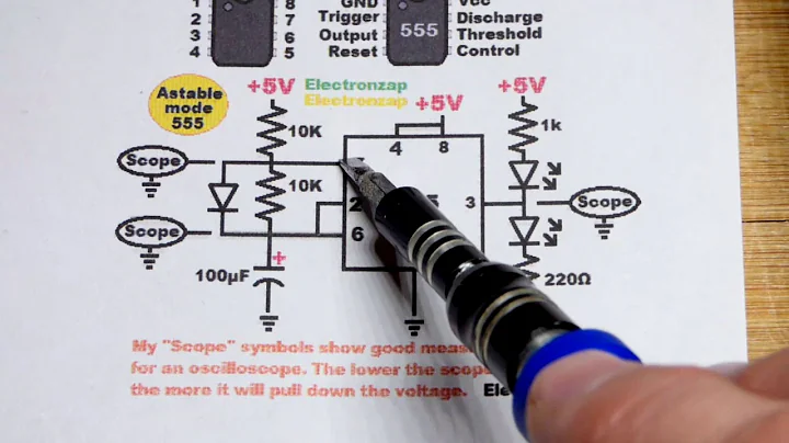 Astable mode 555 timer multivibrator LEDs circuit oscilloscope learning electronics lesson 0011